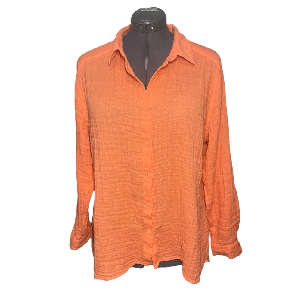 Chico’s Relaxed Button-Front Cotton Muslin Top Shirt 3 Orange Convertible Sleeve
